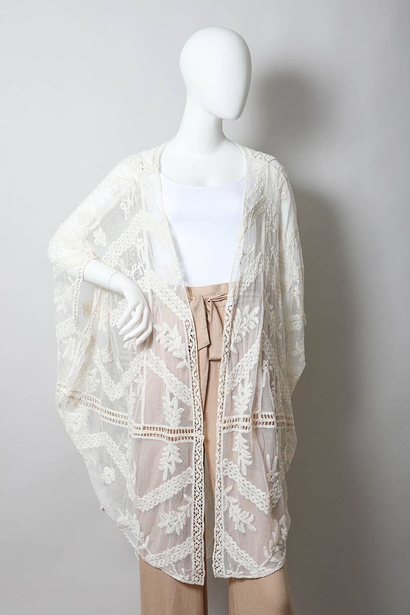 Embroidered Mesh Leaf Botanical Kimono: Natural