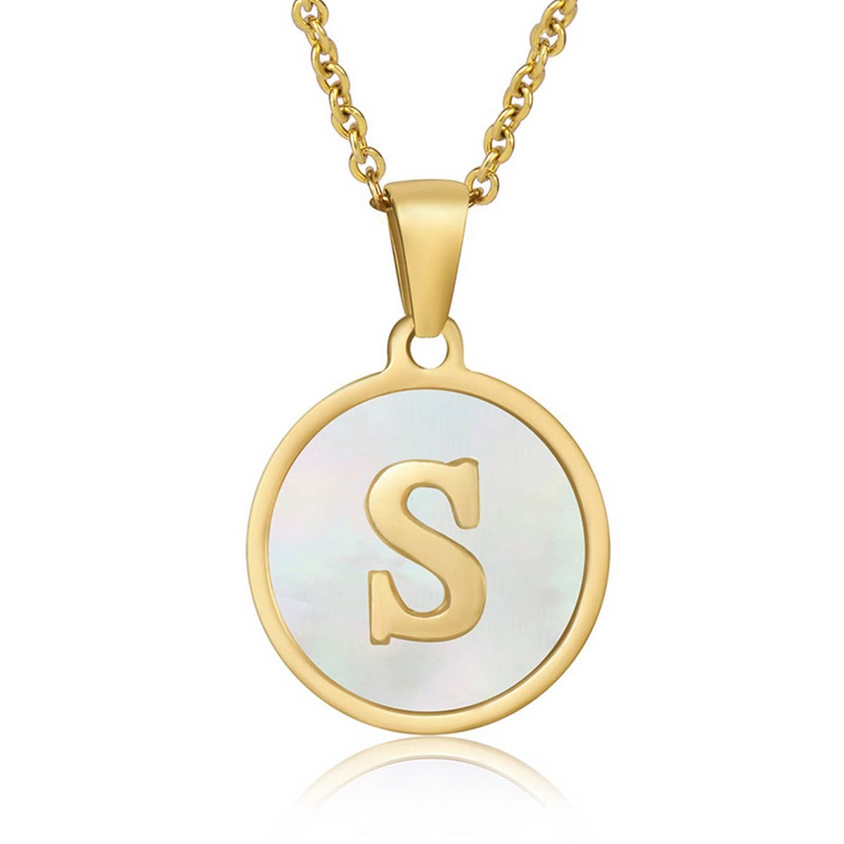 CWAJE1934_Round Stainless Steel White Shell Letter Necklace: TYPE12 / (OS) 1