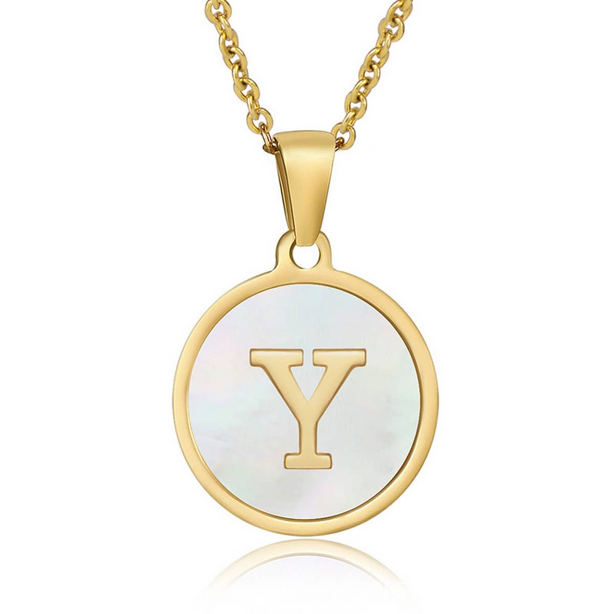CWAJE1934_Round Stainless Steel White Shell Letter Necklace: TYPE12 / (OS) 1