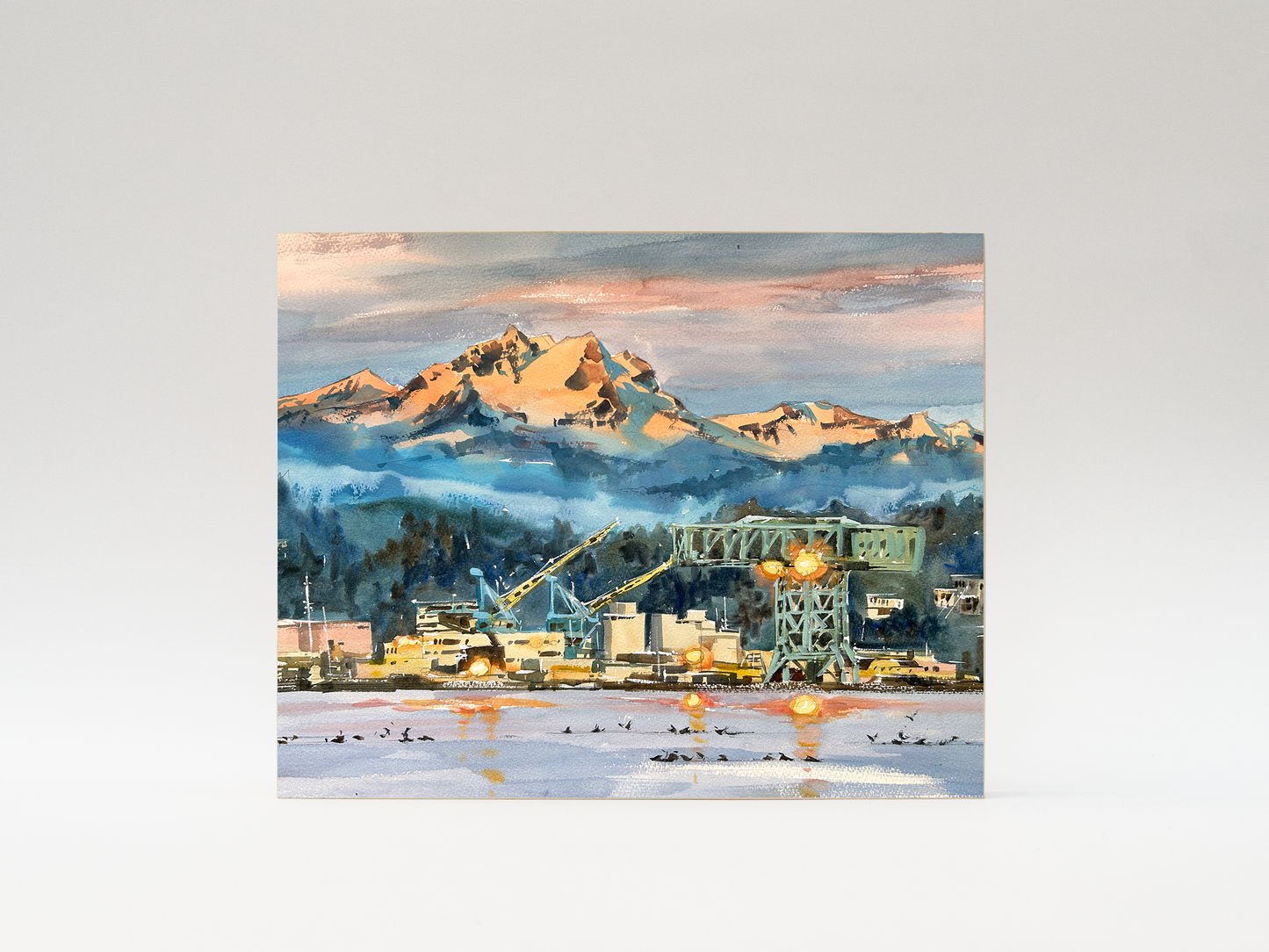 "First Glow on Olympic Mountain" woodblock wall art: 10"x8"