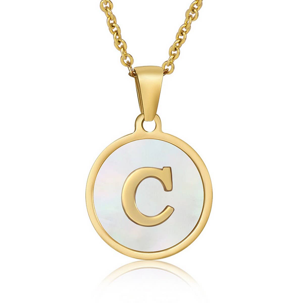 CWAJE1934_Round Stainless Steel White Shell Letter Necklace: TYPE12 / (OS) 1