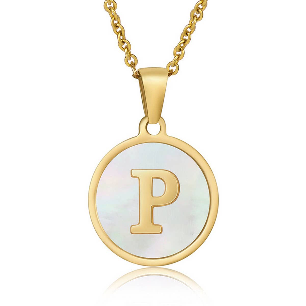 CWAJE1934_Round Stainless Steel White Shell Letter Necklace: TYPE12 / (OS) 1