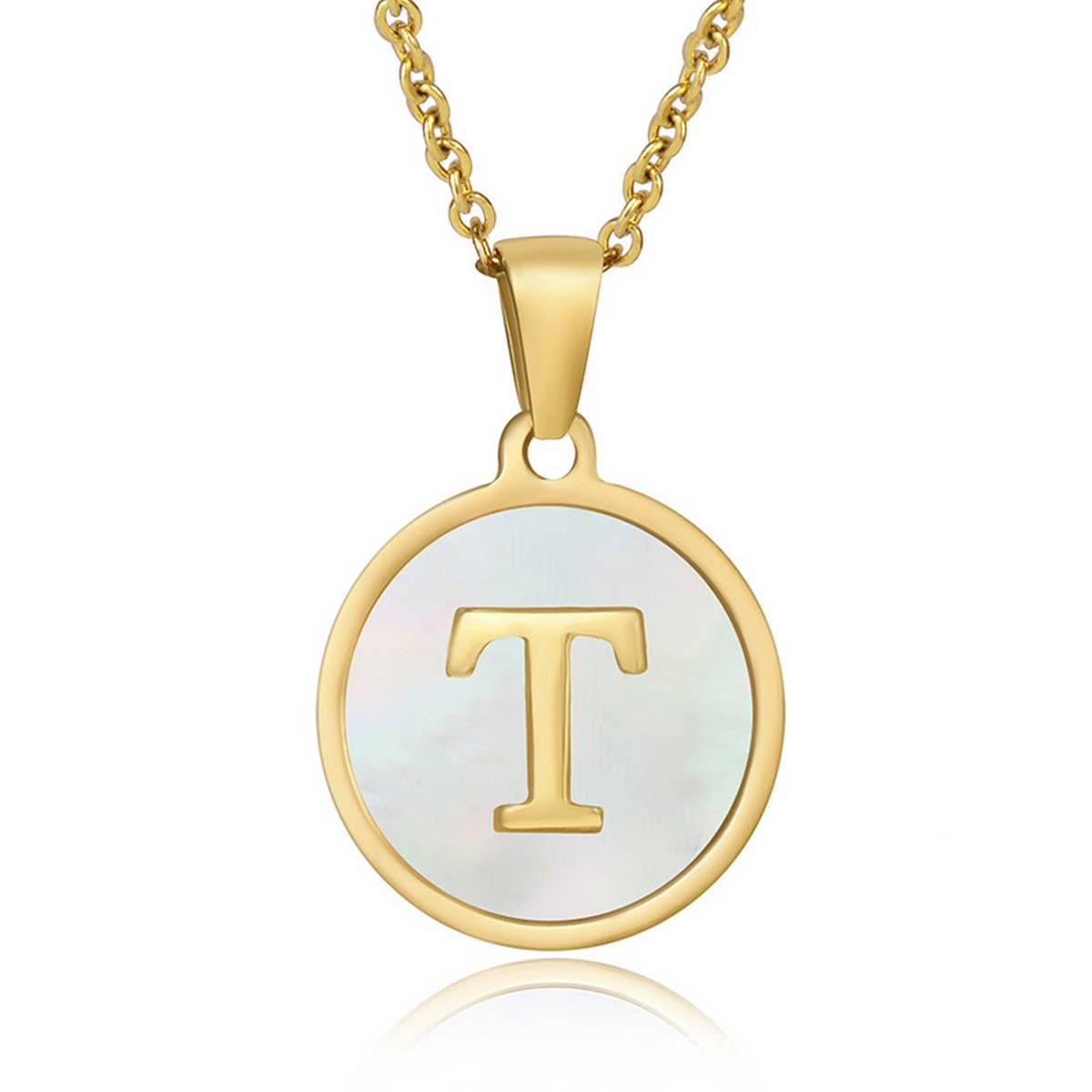 CWAJE1934_Round Stainless Steel White Shell Letter Necklace: TYPE12 / (OS) 1