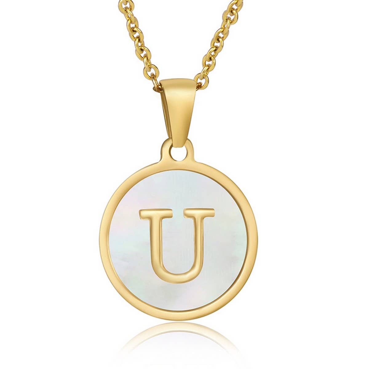CWAJE1934_Round Stainless Steel White Shell Letter Necklace: TYPE12 / (OS) 1