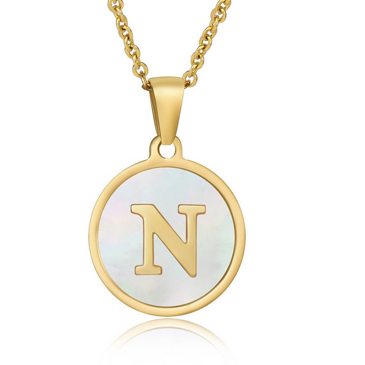 CWAJE1934_Round Stainless Steel White Shell Letter Necklace: TYPE12 / (OS) 1