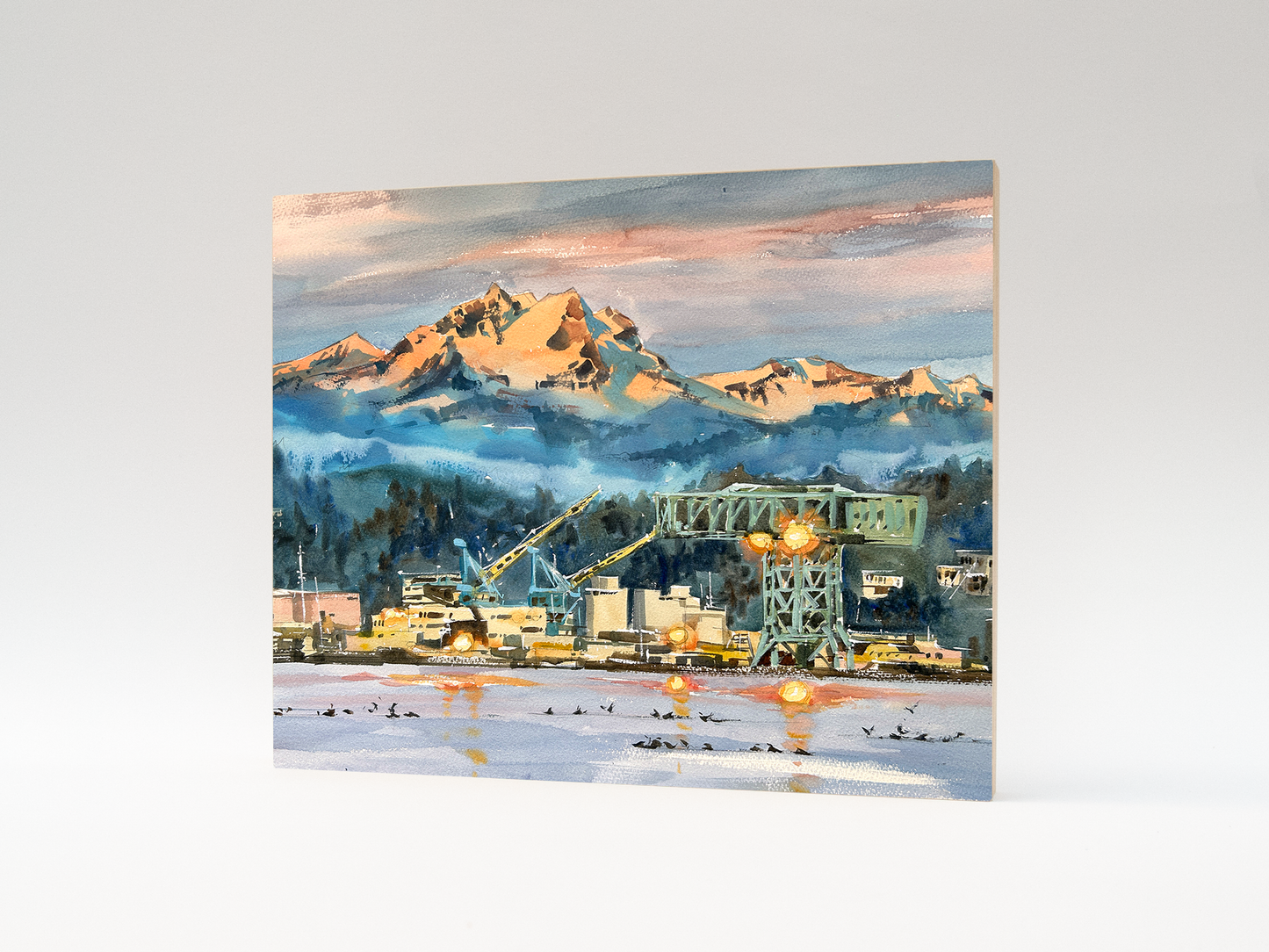 "First Glow on Olympic Mountain" woodblock wall art: 10"x8"