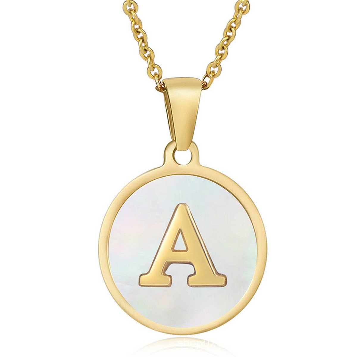 CWAJE1934_Round Stainless Steel White Shell Letter Necklace: TYPE12 / (OS) 1