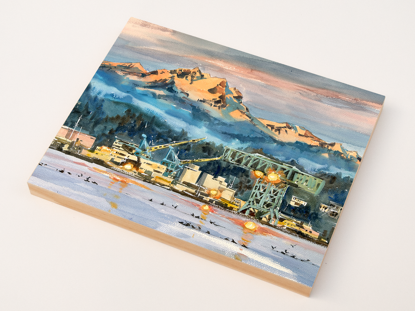 "First Glow on Olympic Mountain" woodblock wall art: 10"x8"