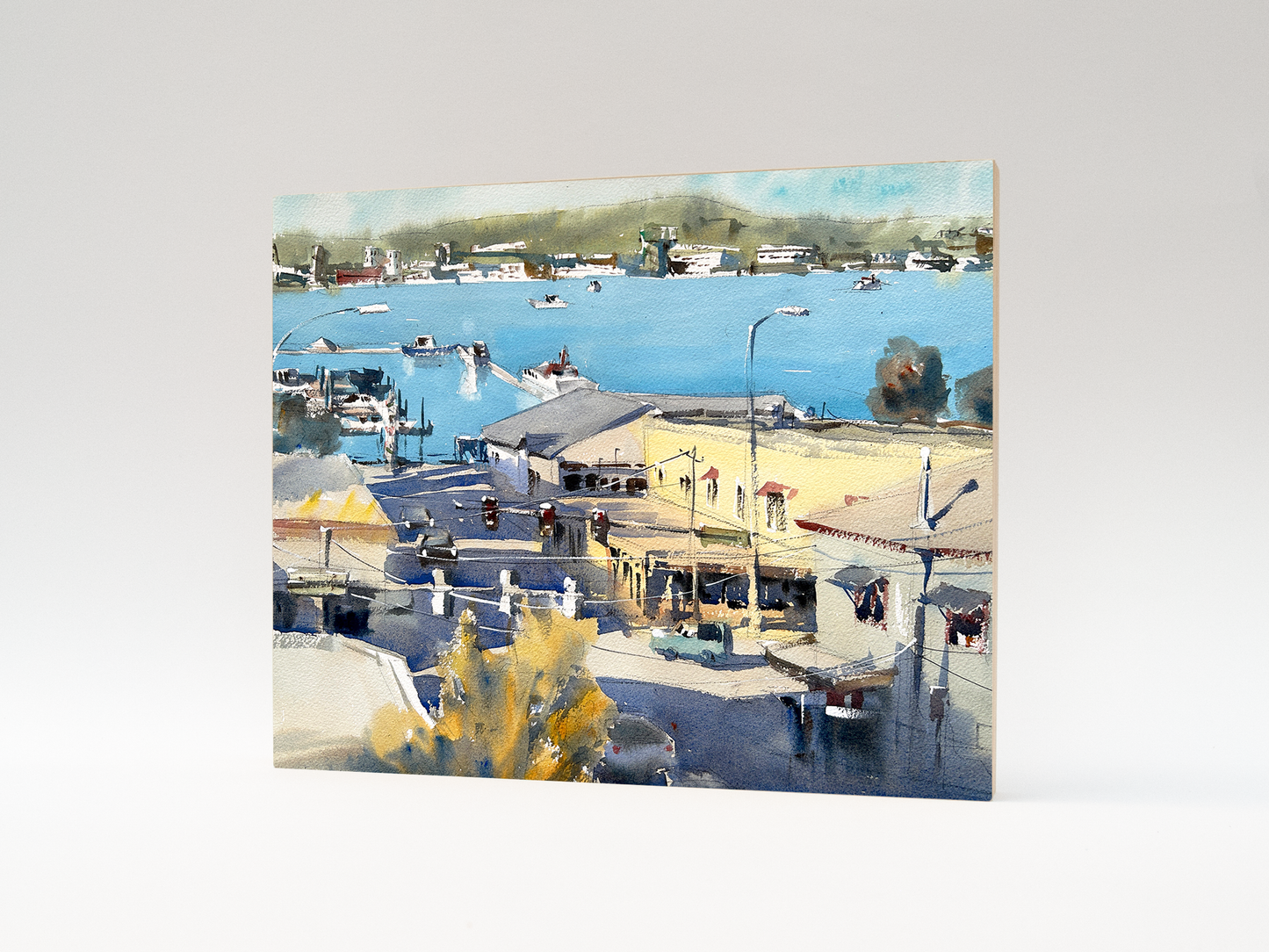 "Port Orchard Waterfront" woodblock wall art: 14"x11"